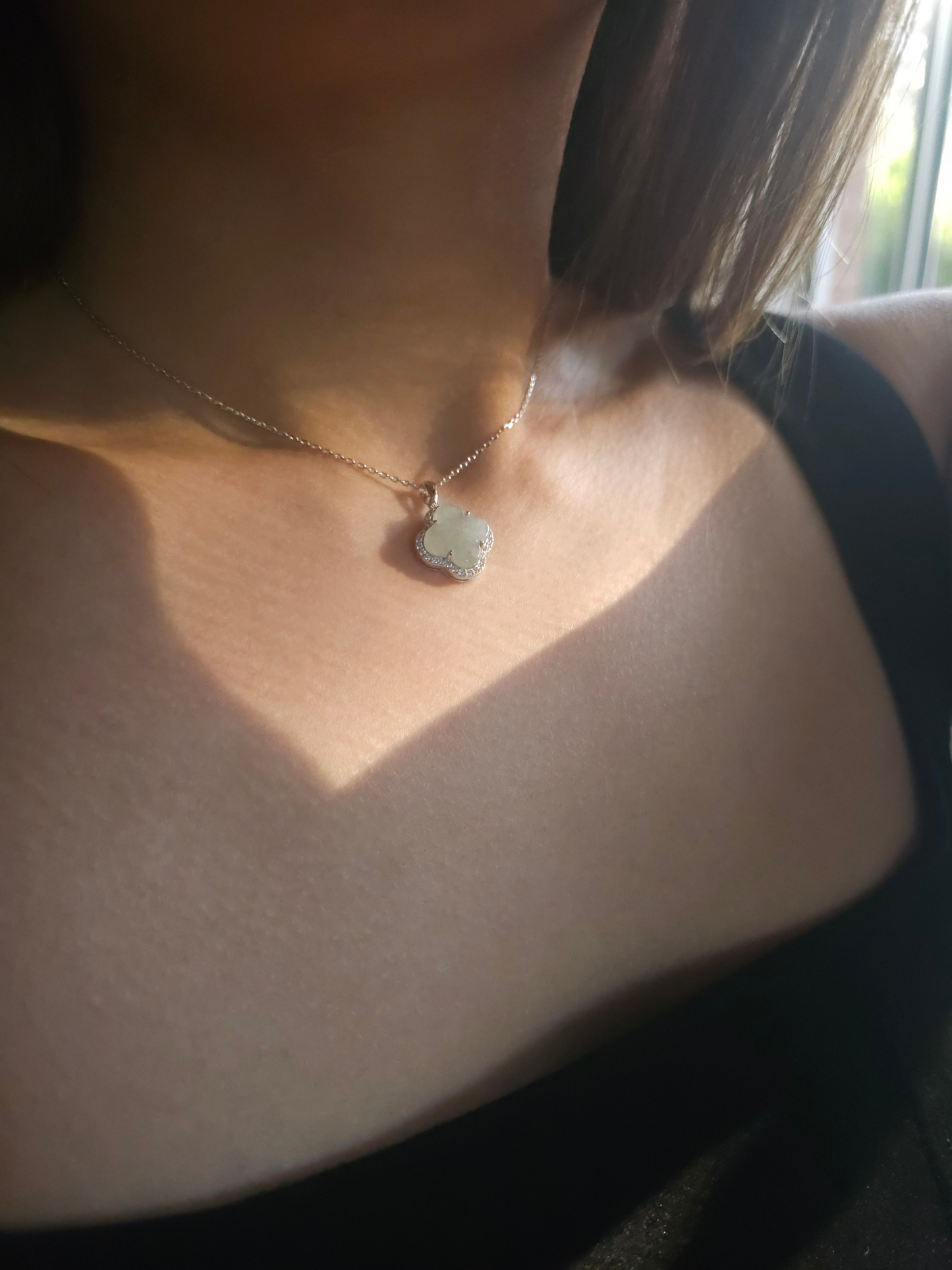 Nature | Serendipity Four Leaf Clover Jadeite Pendant in Light Aqua Green (Rhodium-plated Sterling Silver)