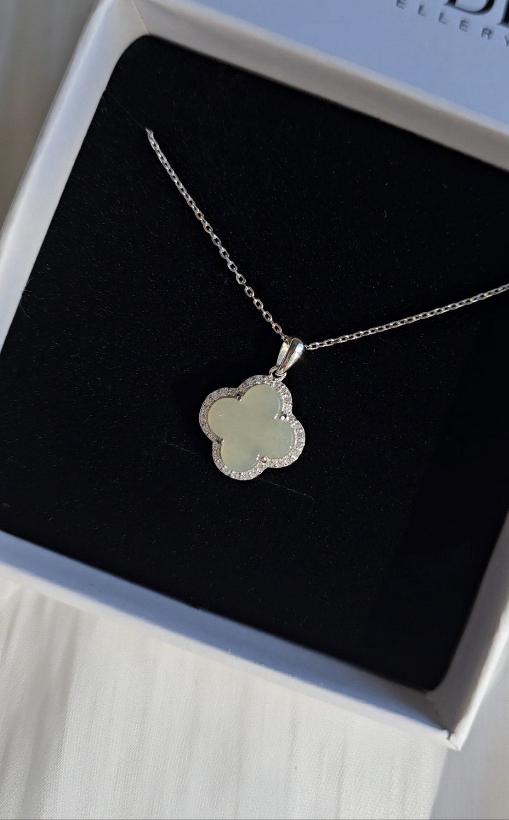 Nature | Serendipity Four Leaf Clover Jadeite Pendant in Light Aqua Green (Rhodium-plated Sterling Silver)