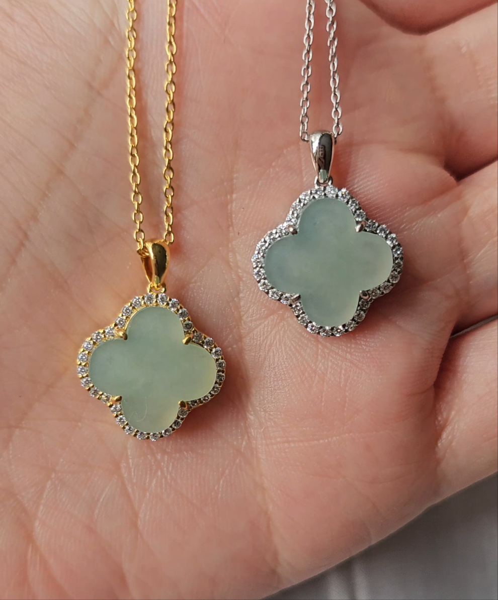 Nature | Serendipity Four Leaf Clover Jadeite Pendant in Light Aqua Green (Rhodium-plated Sterling Silver)