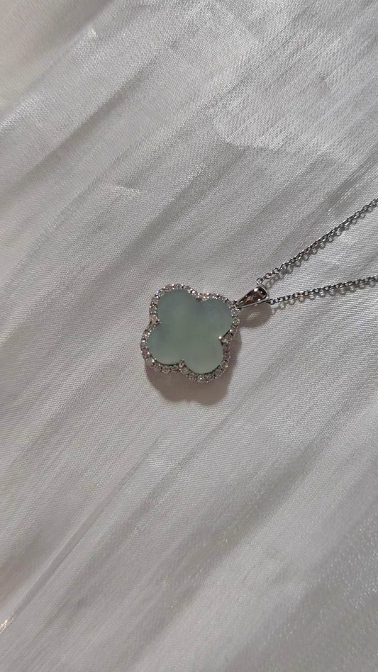 Nature | Serendipity Four Leaf Clover Jadeite Pendant in Light Aqua Green (Rhodium-plated Sterling Silver)