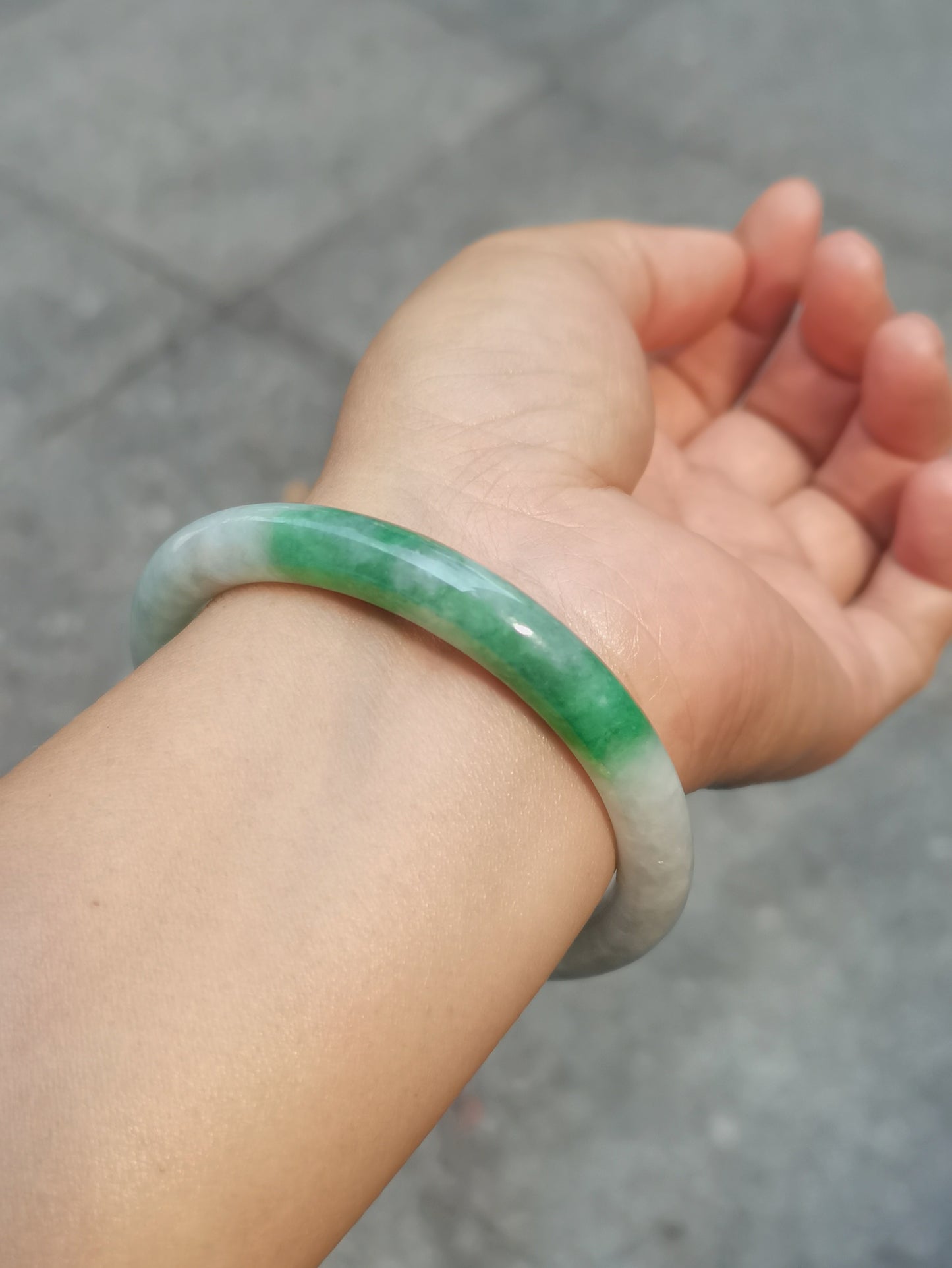 GUARDIAN | JAYDE Untreated Grade-A Jadeite Bangle in Dreamy White with patches of Vibrant Green (52.5mm Half Round)