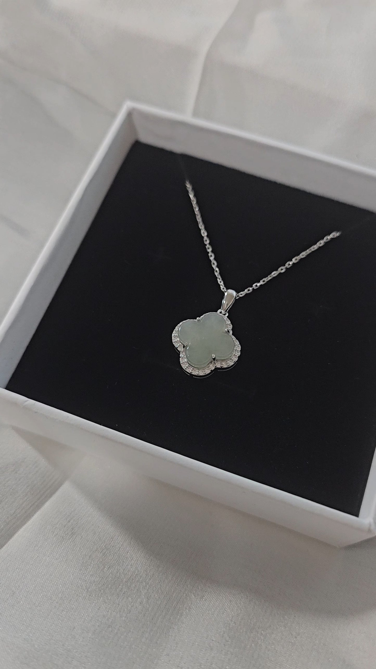 Nature | Serendipity Four Leaf Clover Jadeite Pendant in Light Aqua Green (Rhodium-plated Sterling Silver)