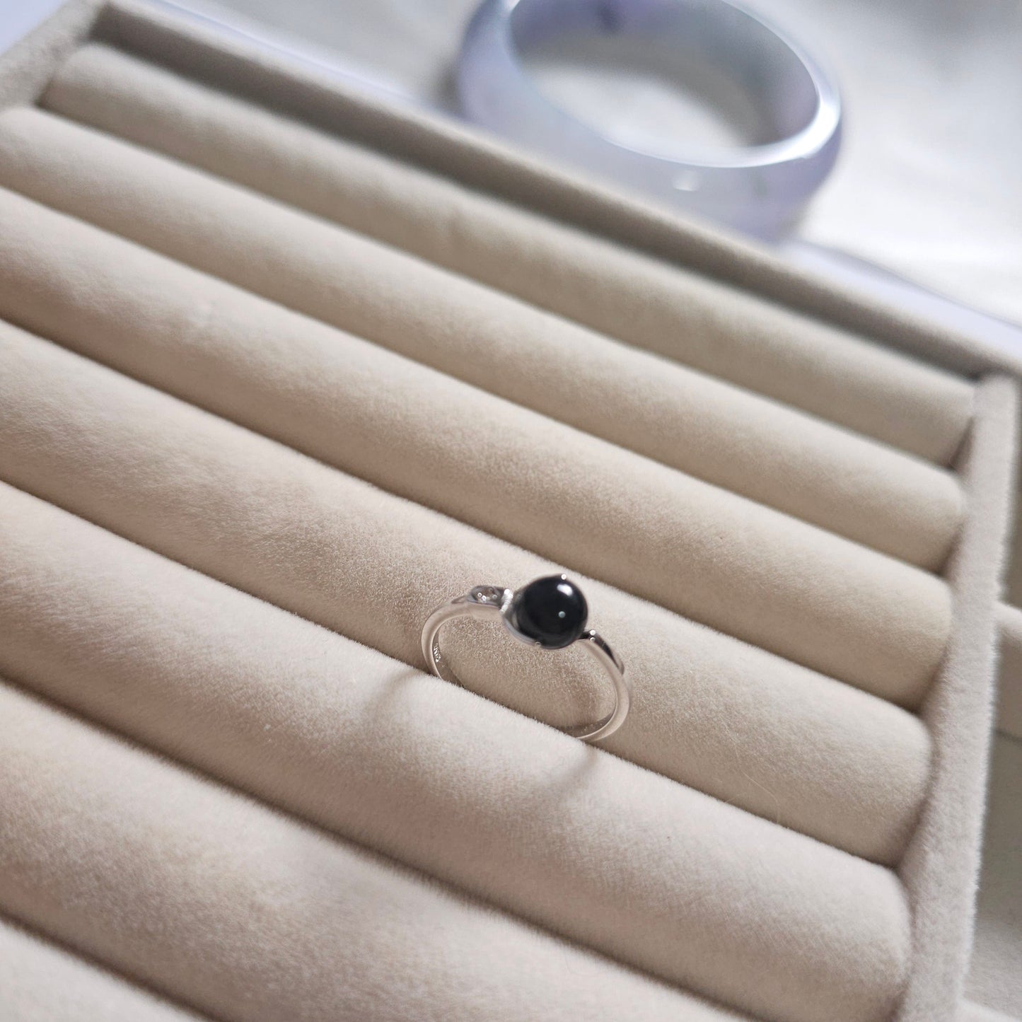 authentic minimalistic modern simple black jadeite jade sterling silver palladium ring