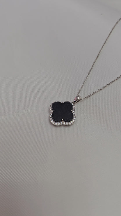 Nature | Serendipity Four Leaf Clover Jadeite Pendant in Mysterious Black (Rhodium-plated Sterling Silver)