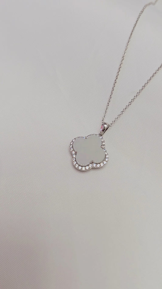 Nature | Serendipity Four Leaf Clover Jadeite Pendant in Dreamy White (Rhodium-plated Sterling Silver)