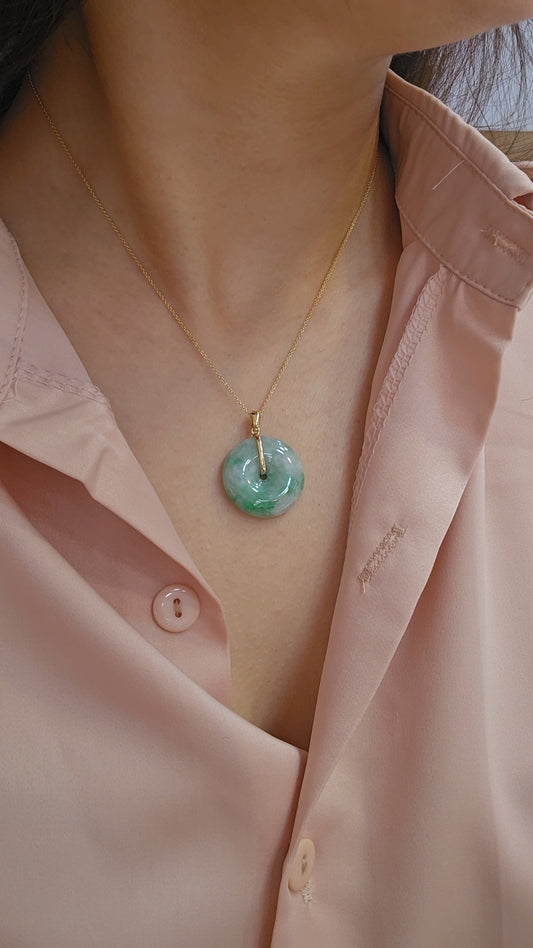 Guardian | Vintage Safekeeping 'Ping An' Jadeite Pendant in Vintage Green (23mm, 18ct Yellow Gold)