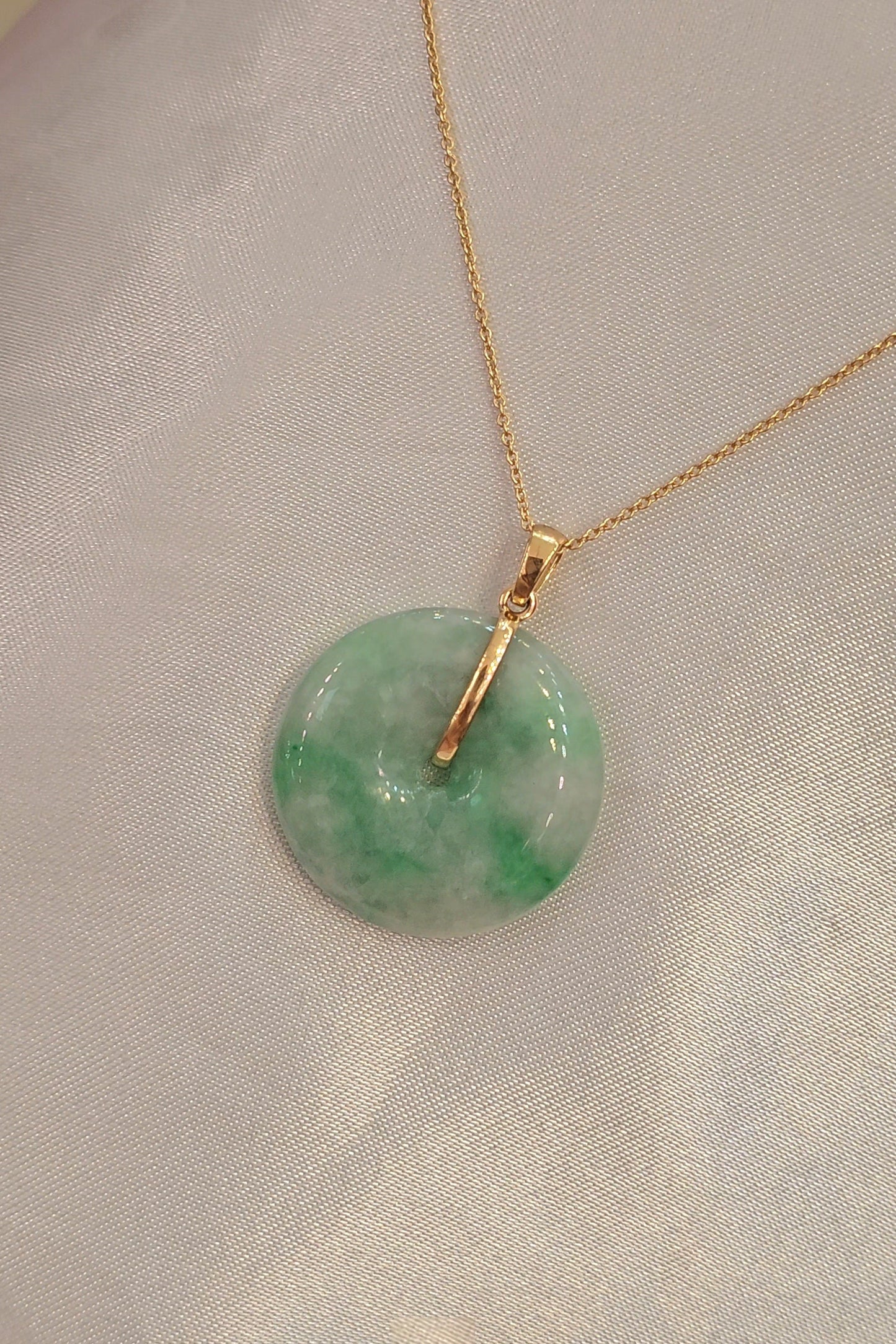 Guardian | Vintage Safekeeping 'Ping An' Jadeite Pendant in Vintage Green (23mm, 18ct Yellow Gold)