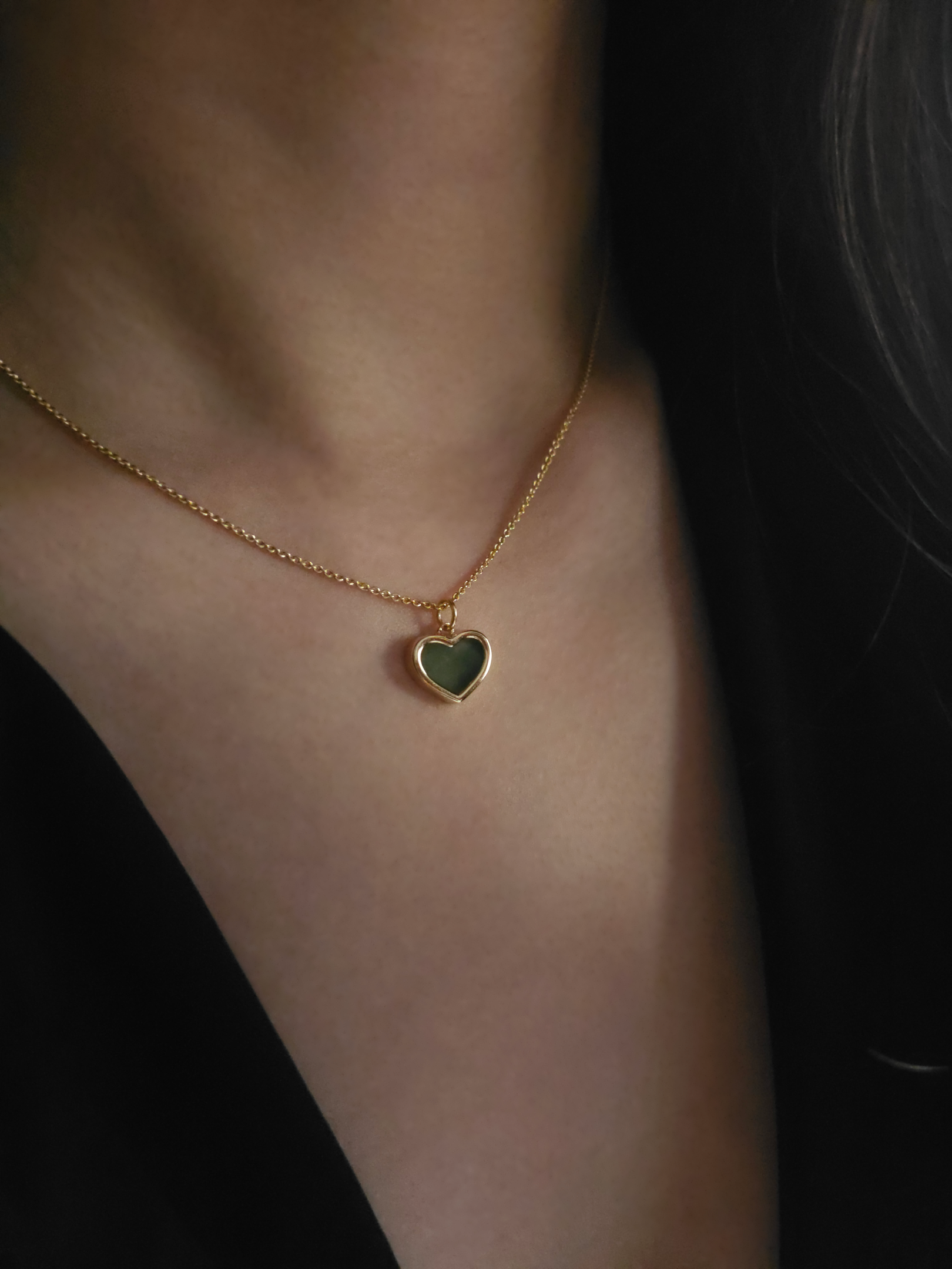 minimalistic modern simple green love heart jadeite jade 14K gold vermeil necklace