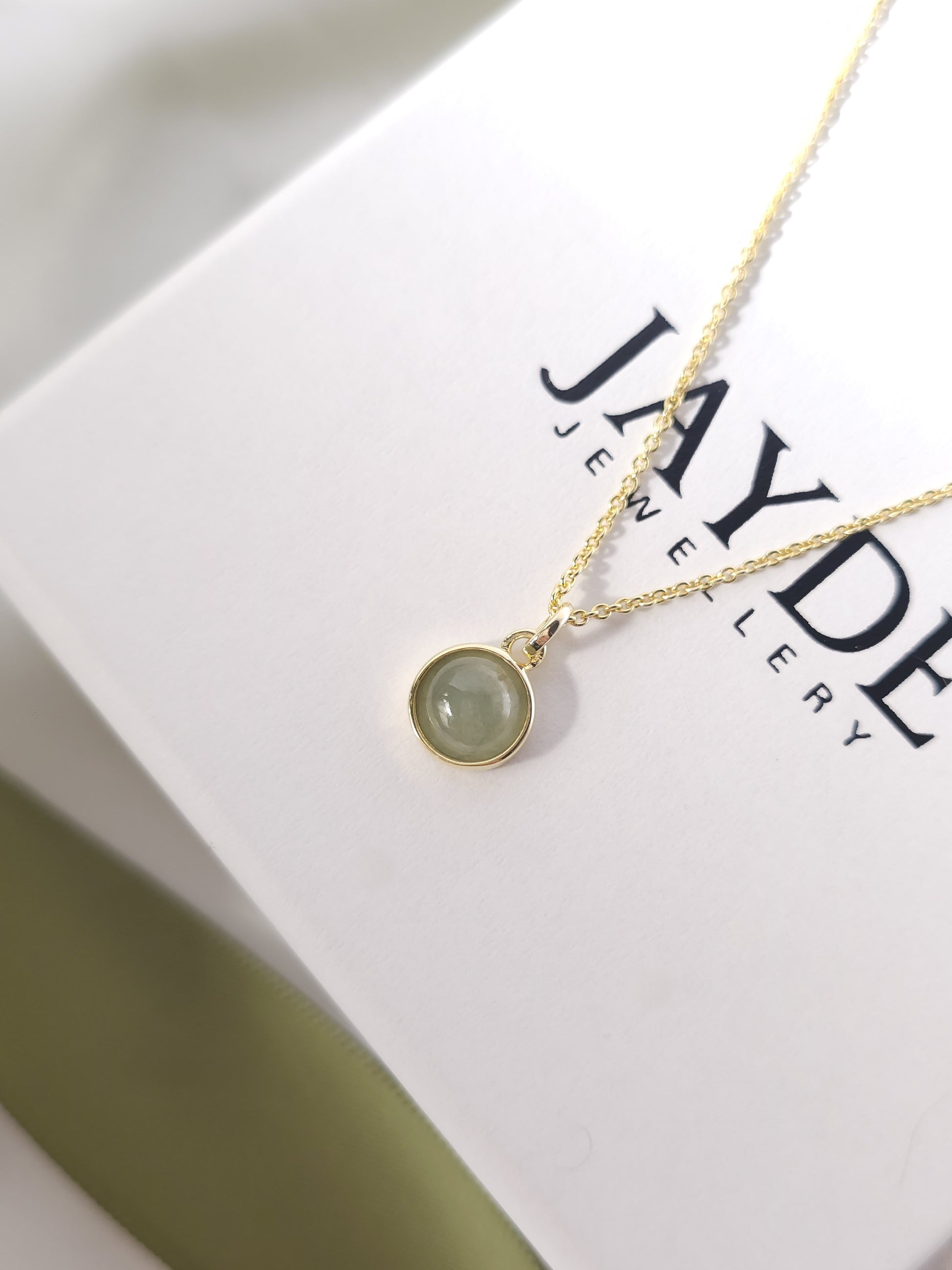 minimalistic modern simple round green jadeite jade 14K gold vermeil pendant