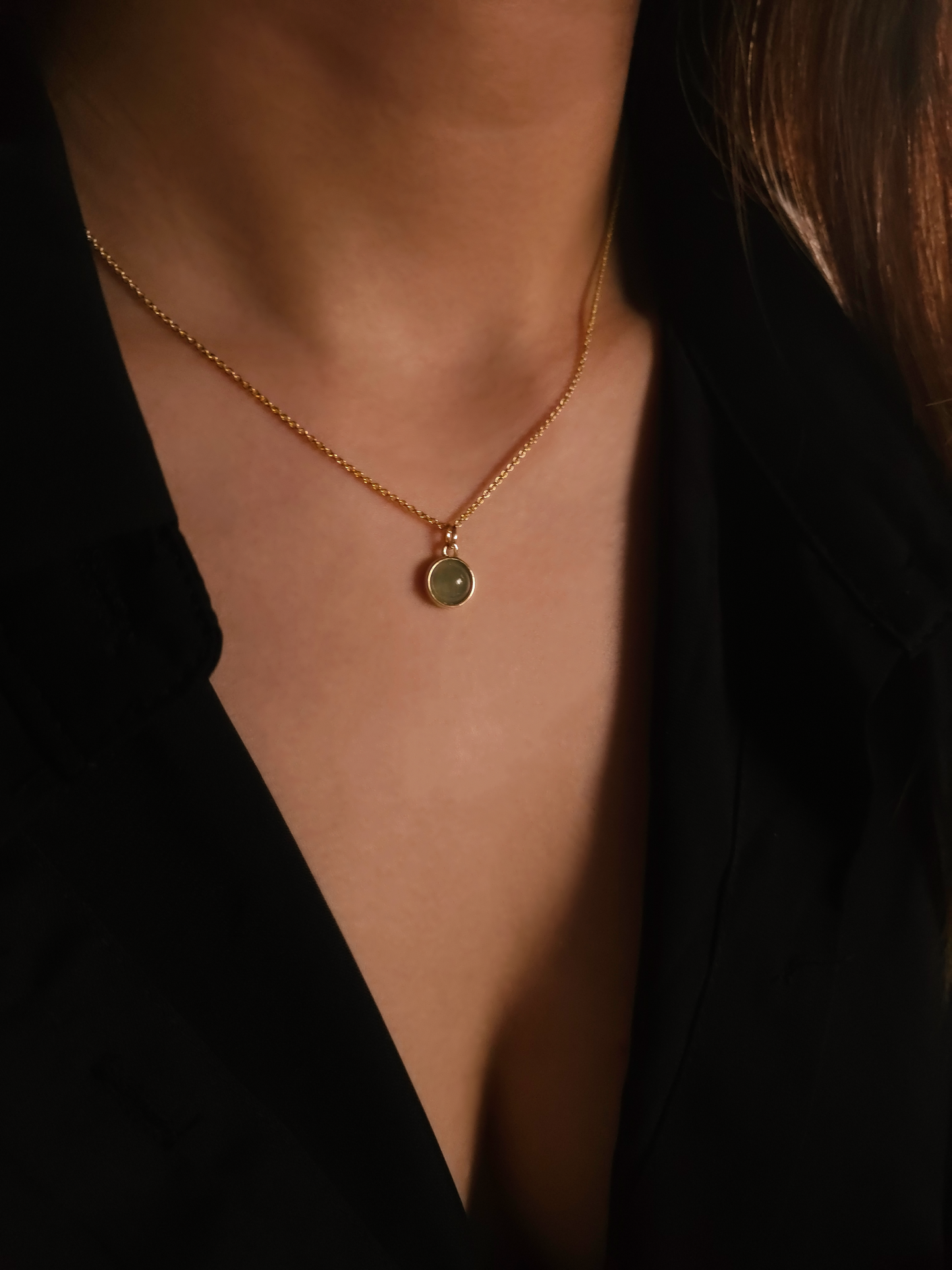 minimalistic modern simple round green jadeite jade 14K gold vermeil pendant