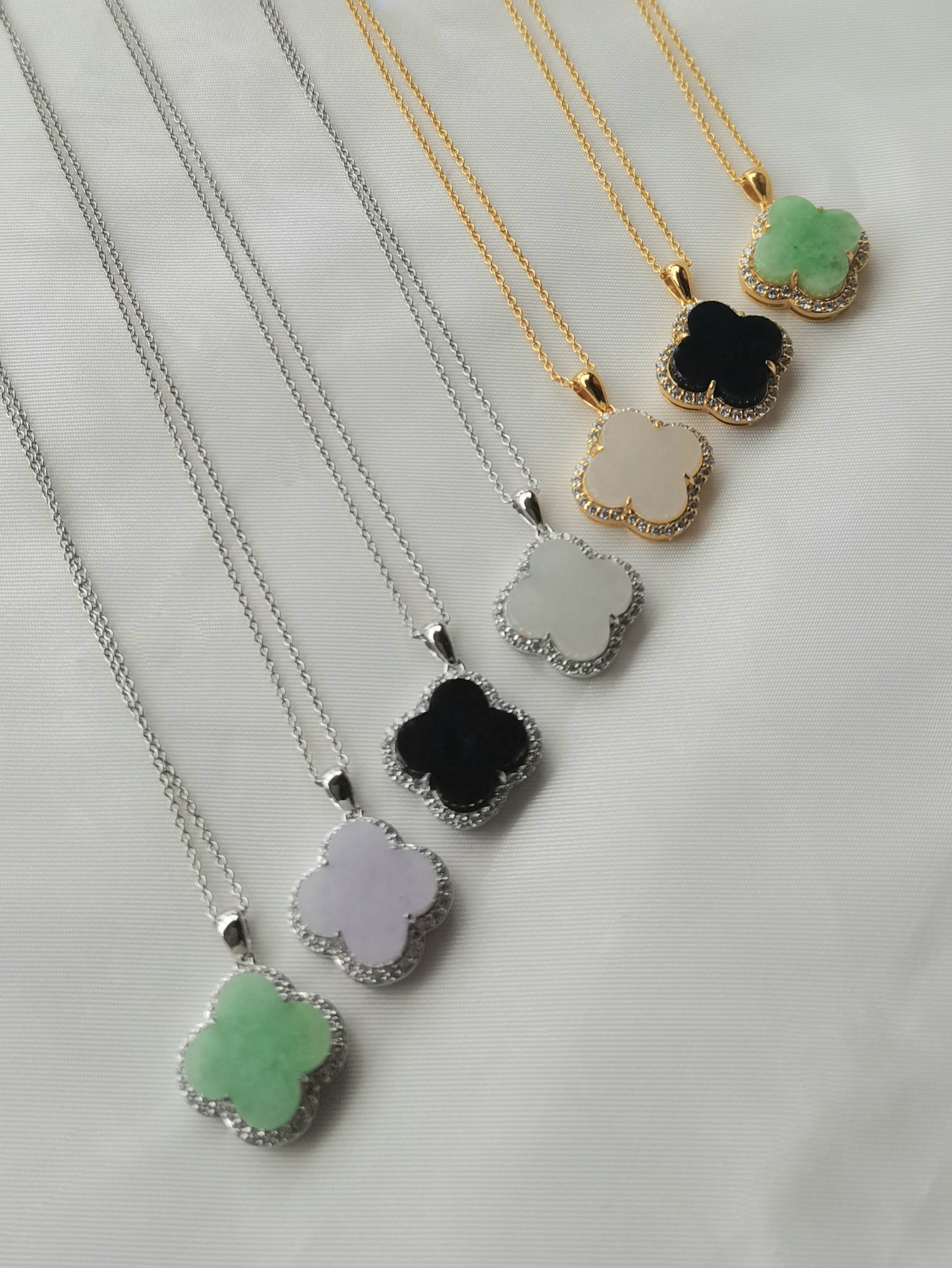 Nature | Serendipity Four Leaf Clover Jadeite Pendant in Dreamy White (Rhodium-plated Sterling Silver)