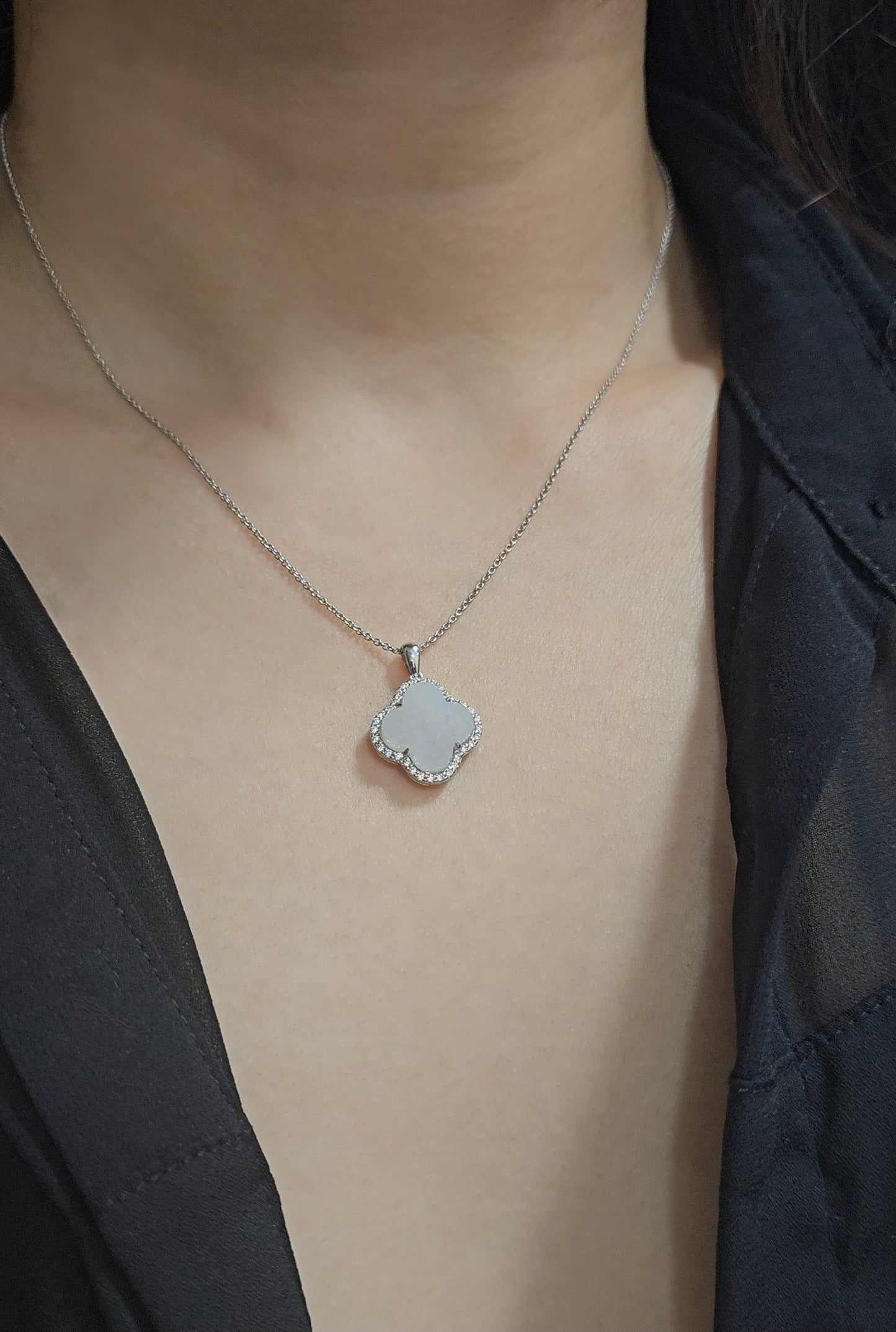 Nature | Serendipity Four Leaf Clover Jadeite Pendant in Dreamy White (Rhodium-plated Sterling Silver)