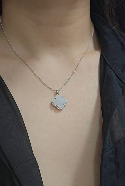 Nature | Serendipity Four Leaf Clover Jadeite Pendant in Dreamy White (Rhodium-plated Sterling Silver)