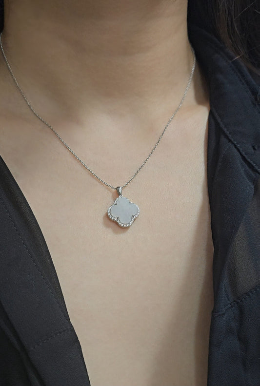 Nature | Serendipity Four Leaf Clover Jadeite Pendant in Dreamy White (Rhodium-plated Sterling Silver)