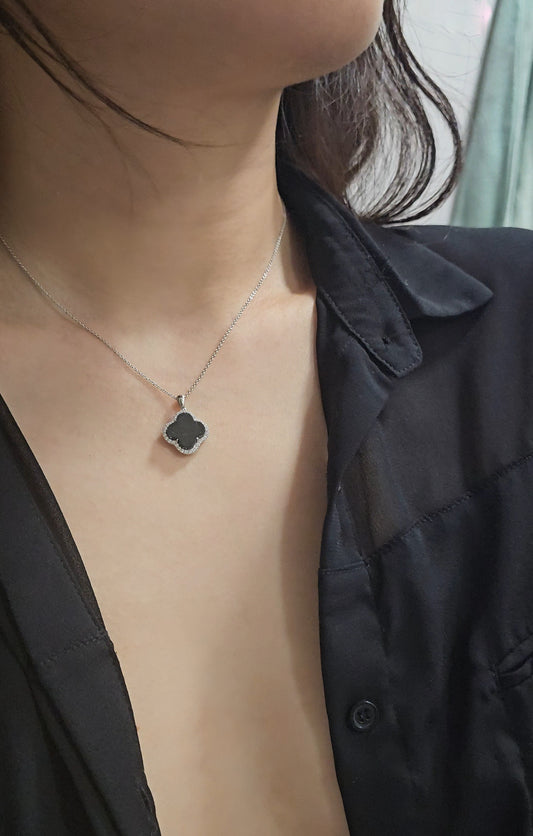 Nature | Serendipity Four Leaf Clover Jadeite Pendant in Mysterious Black (Rhodium-plated Sterling Silver)