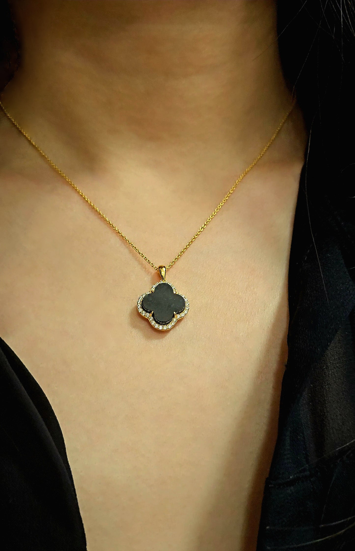 Nature | Serendipity Four Leaf Clover Jadeite Pendant in Mysterious Black (18K Gold Vermeil)