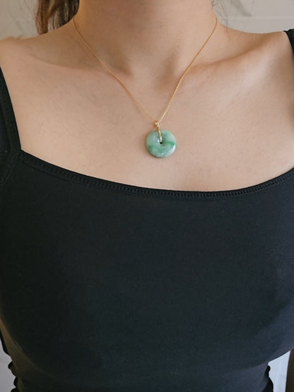 Guardian | Vintage Safekeeping 'Ping An' Jadeite Pendant in Vintage Green (23mm, 18ct Yellow Gold)