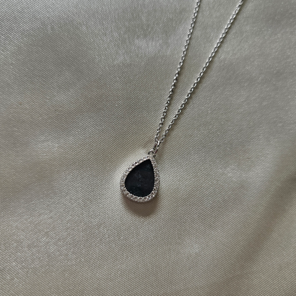 minimalistic modern simple raindrop shaped black  jadeite jade sterling silver palladium necklace 