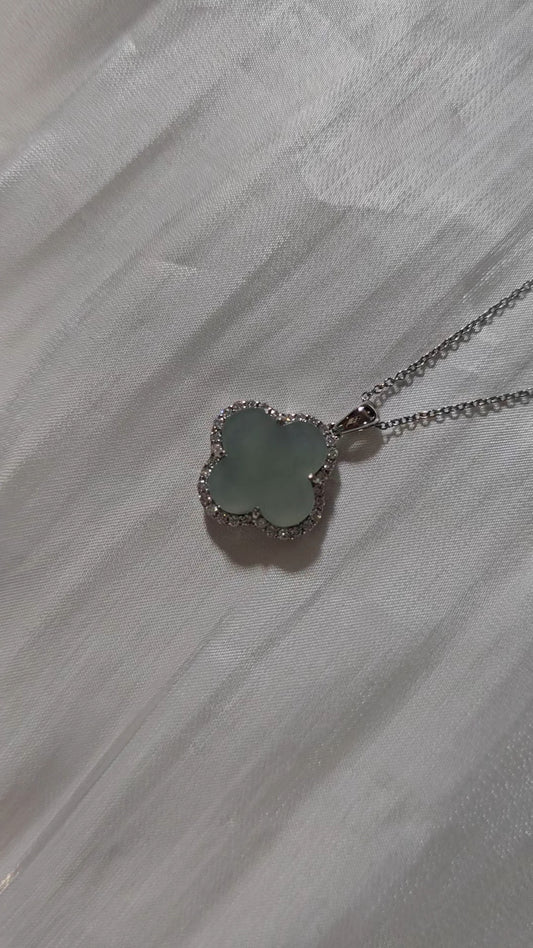 Nature | Serendipity Four Leaf Clover Jadeite Pendant in Light Aqua Green (Rhodium-plated Sterling Silver)