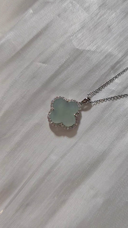 Nature | Serendipity Four Leaf Clover Jadeite Pendant in Light Aqua Green (Rhodium-plated Sterling Silver)