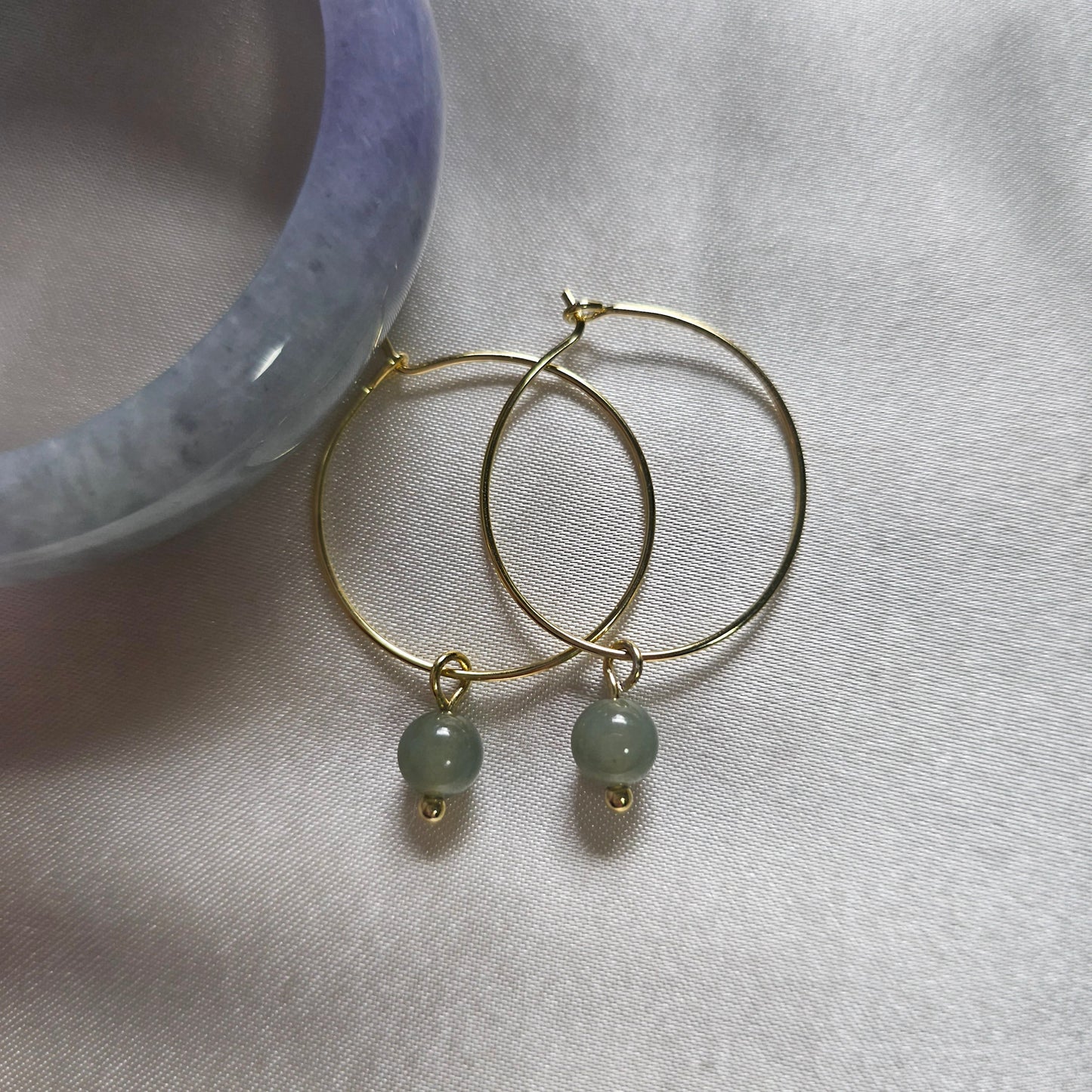 authentic minimalistic modern simple green jadeite jade sterling silver 14K gold vermeil hoop earrings