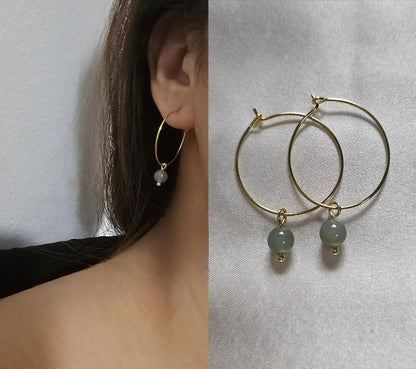 authentic minimalistic modern simple green jadeite jade sterling silver 14K gold vermeil hoop earrings