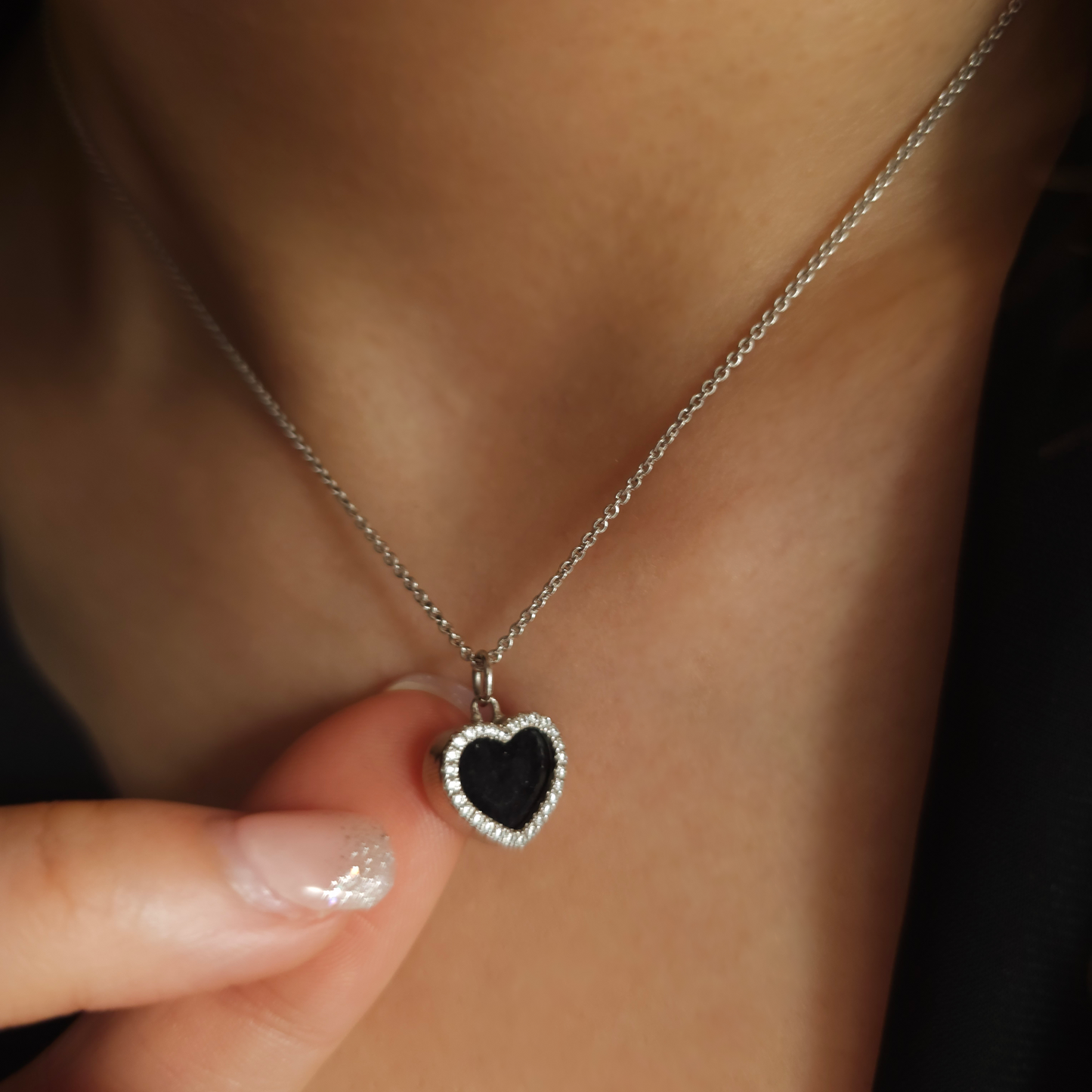 minimalistic modern simple black love heart jadeite jade sterling silver palladium necklace