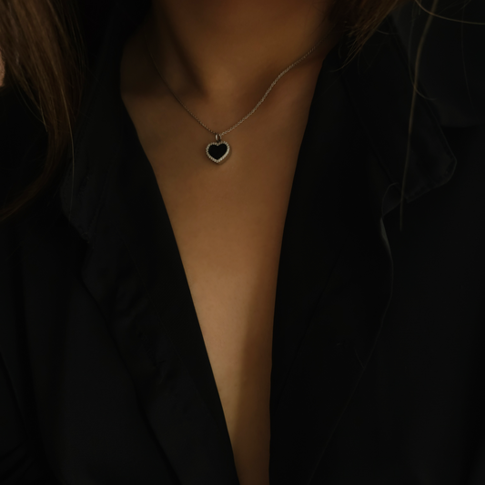 minimalistic modern simple black love heart jadeite jade sterling silver palladium necklace