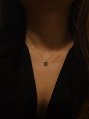 minimalistic modern simple green square shaped jadeite jade 14K gold vermeil pendant on asian model