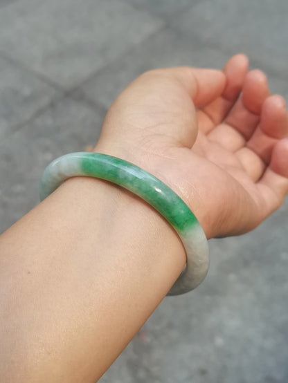GUARDIAN | JAYDE Untreated Grade-A Jadeite Bangle in Dreamy White with patches of Vibrant Green (52.5mm Half Round)