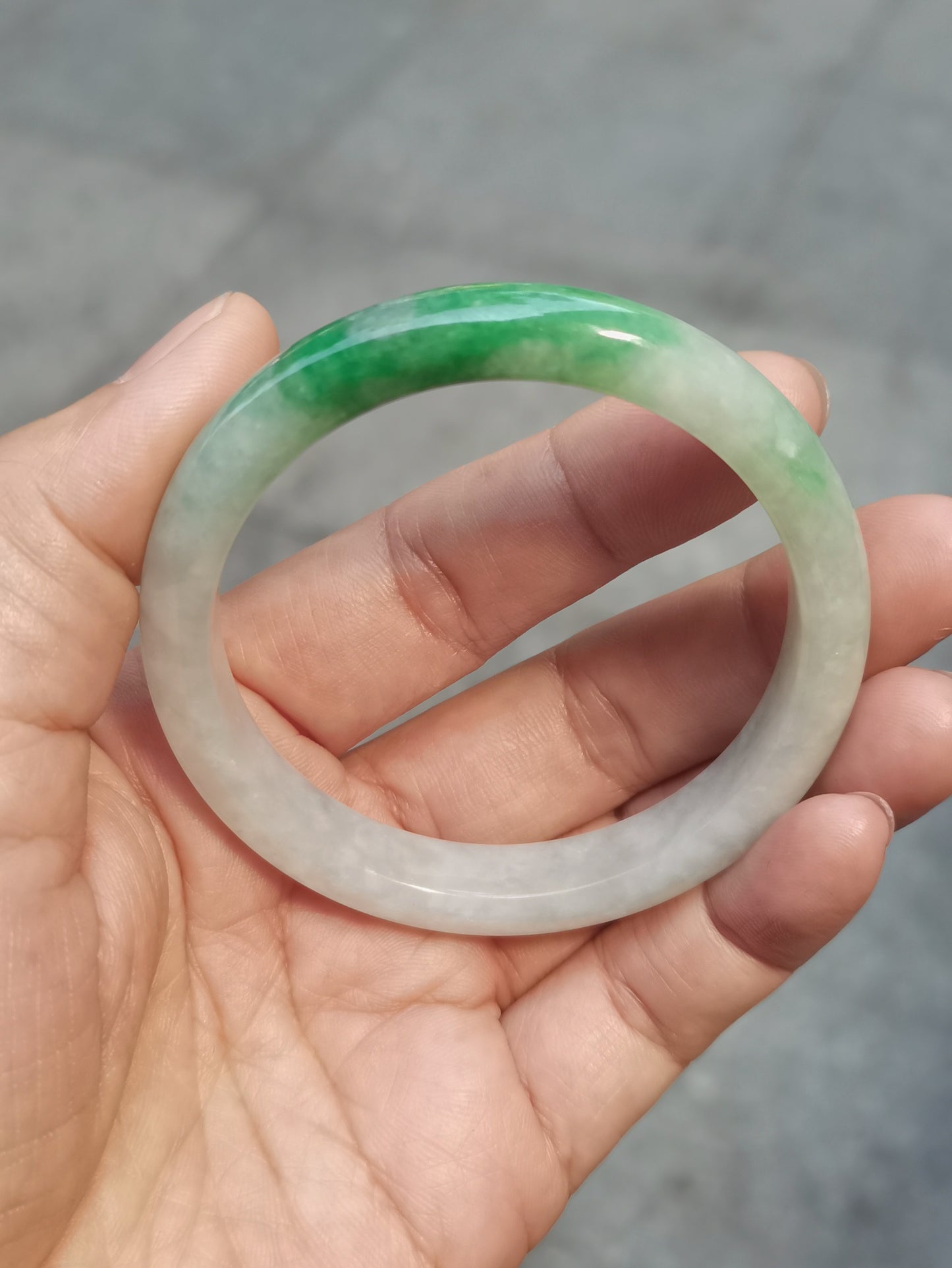 GUARDIAN | JAYDE Untreated Grade-A Jadeite Bangle in Dreamy White with patches of Vibrant Green (52.5mm Half Round)