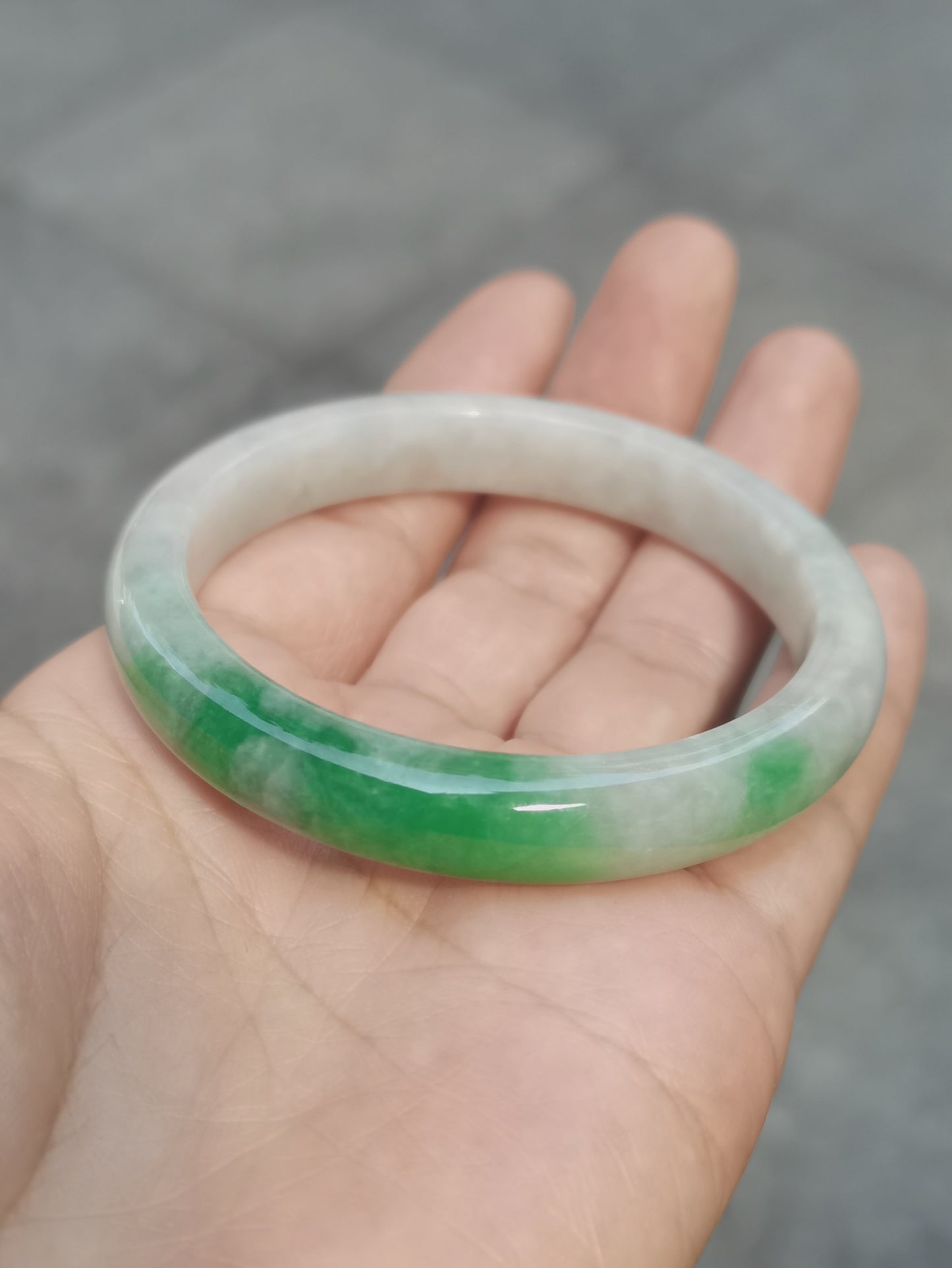 GUARDIAN | JAYDE Untreated Grade-A Jadeite Bangle in Dreamy White with patches of Vibrant Green (52.5mm Half Round)