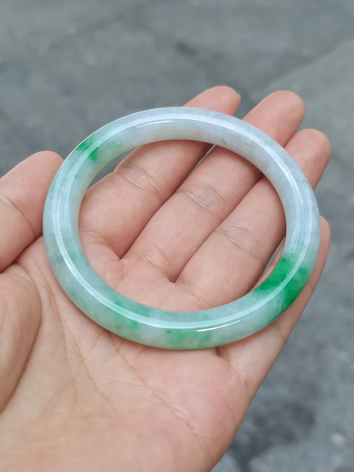 GUARDIAN | JAYDE Untreated Grade-A Jadeite Bangle in Dreamy White with patches of Vibrant Green (54.4mm Round)