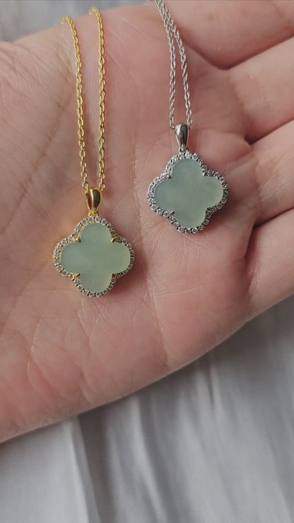 Nature | Serendipity Four Leaf Clover Jadeite Pendant in Light Aqua Green (Rhodium-plated Sterling Silver)