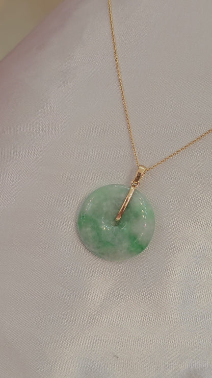 Guardian | Vintage Safekeeping 'Ping An' Jadeite Pendant in Vintage Green (23mm, 18ct Yellow Gold)