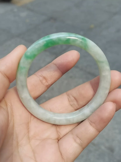 GUARDIAN | JAYDE Untreated Grade-A Jadeite Bangle in Dreamy White with patches of Vibrant Green (52.2mm Round)