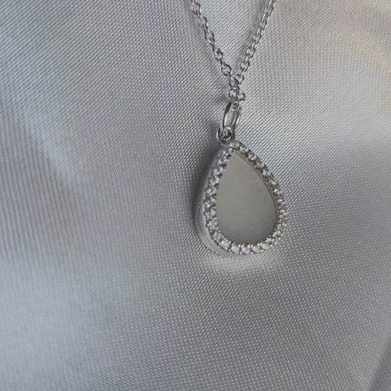 minimalistic modern simple raindrop shaped white jadeite jade sterling silver palladium necklace 