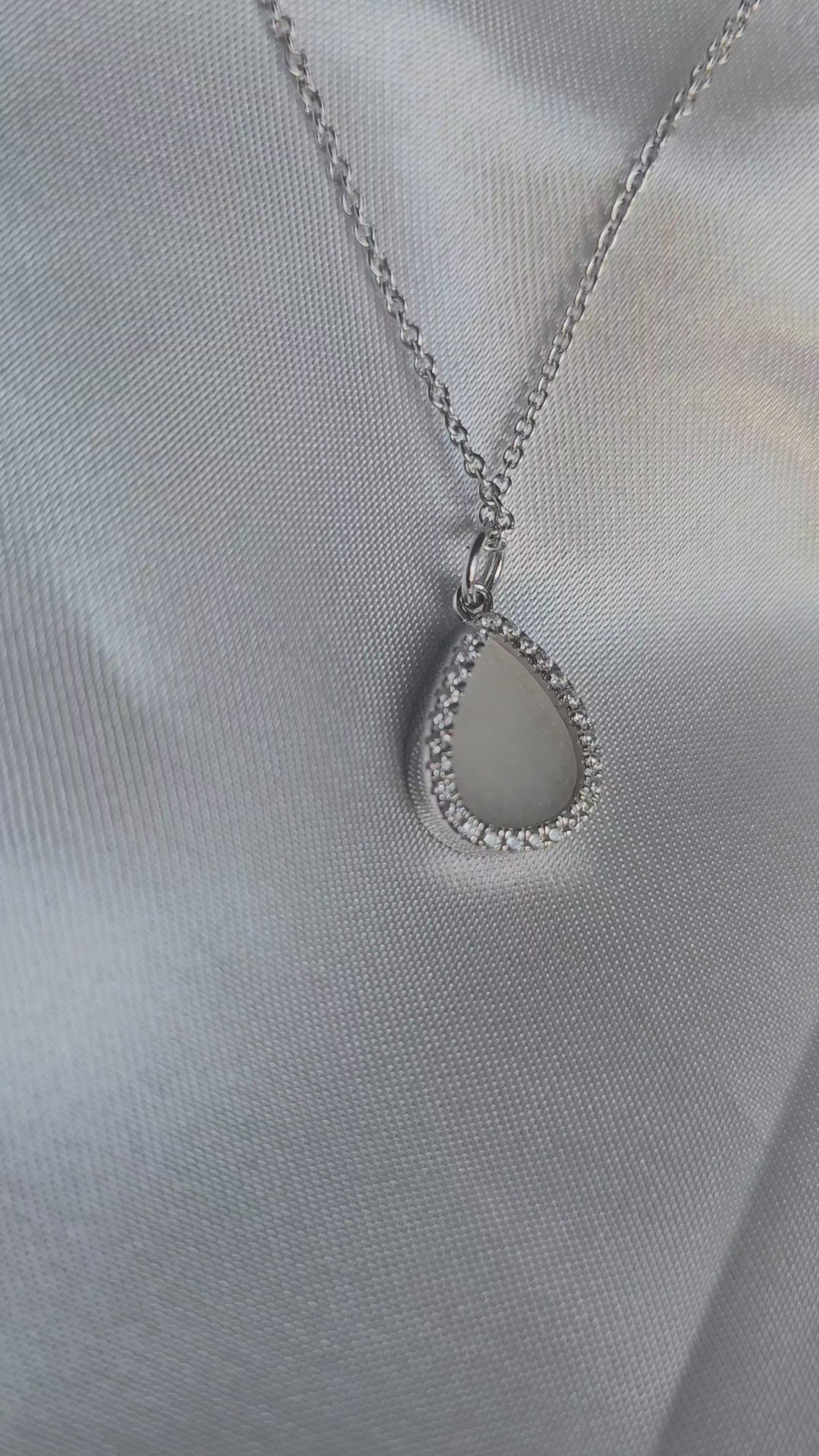 minimalistic modern simple raindrop shaped white jadeite jade sterling silver palladium necklace 