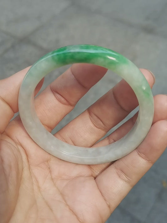 GUARDIAN | JAYDE Untreated Grade-A Jadeite Bangle in Dreamy White with patches of Vibrant Green (52.5mm Half Round)