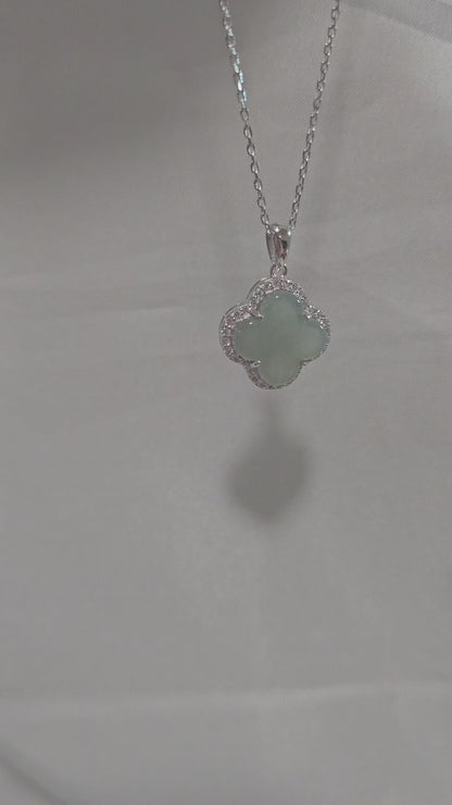 minimalistic modern simple four clover leaf van cleef green jadeite jade sterling silver palladium necklace 